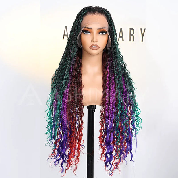 Rainbow Boho Curls Knotless Braided Wig Full Lace Frontal Multicolor Ombre Lightweight & Pre-Styled