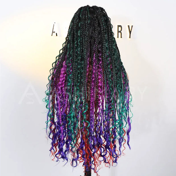 Rainbow Boho Curls Knotless Braided Wig Full Lace Frontal Multicolor Ombre Lightweight & Pre-Styled