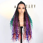 Rainbow Boho Curls Knotless Braided Wig Full Lace Frontal Multicolor Ombre Lightweight & Pre-Styled