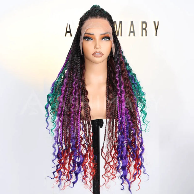 Rainbow Boho Curls Knotless Braided Wig Full Lace Frontal Multicolor Ombre Lightweight & Pre-Styled