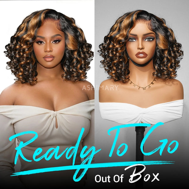 Glueless Short Pre-Styled Organique Hawaiian Curl Balayage Highlight 6x4.5 Pull Go Lace Closure Wig