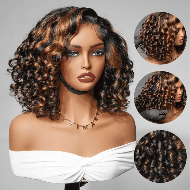 Glueless Short Pre-Styled Organique Hawaiian Curl Balayage Highlight 6x4.5 Pull Go Lace Closure Wig