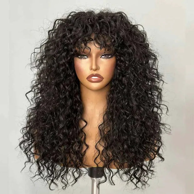 Bouncy Curl With Bangs Pull Go 3x1 Lace Natural Black Wig 
