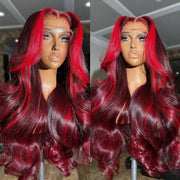 Highlight Red with Burgundy 99J Colored Body Wave Human Hair Wig Transparent Lace Front Wig Pre Plucked 13X6 Full Lace Frontal Wig Ashimary