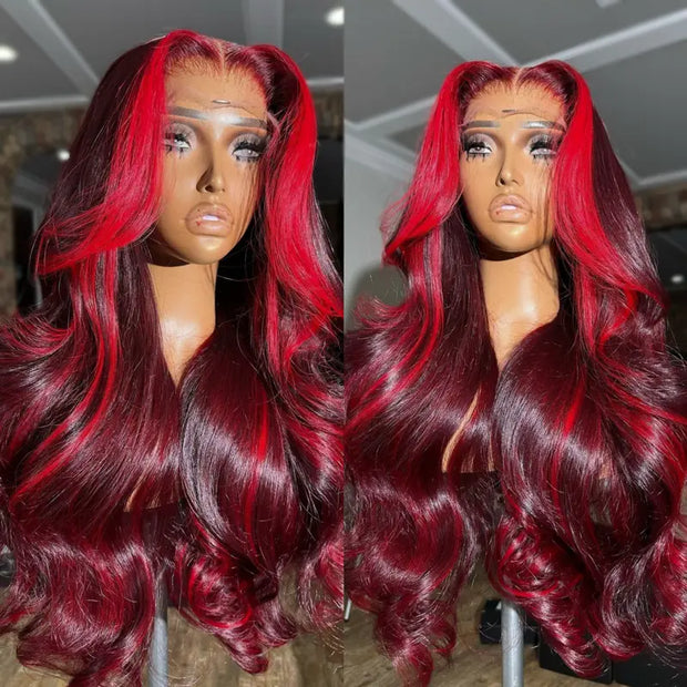 Highlight Red with Burgundy 99J Colored Body Wave Human Hair Wig Transparent Lace Front Wig Pre Plucked 13X6 Full Lace Frontal Wig Ashimary
