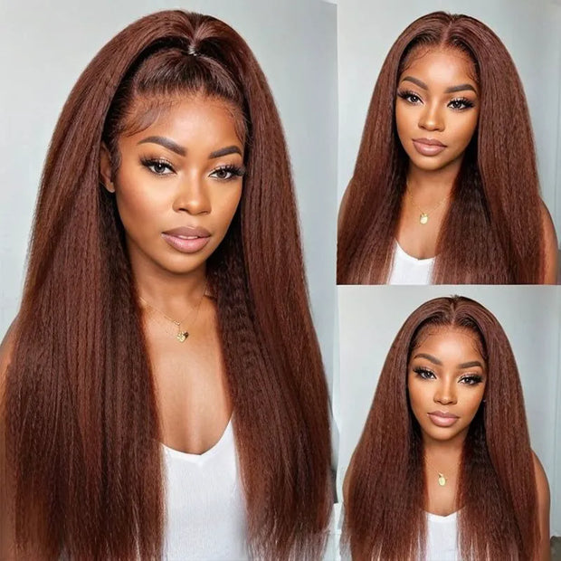 reddish brown kinky straight human hair wigs lace frontal thick hair Ashimary.com