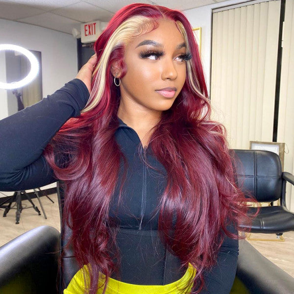 Hot Burgundy With Blonde Highlight Lace Frontal Wig Ashimary New Arrival