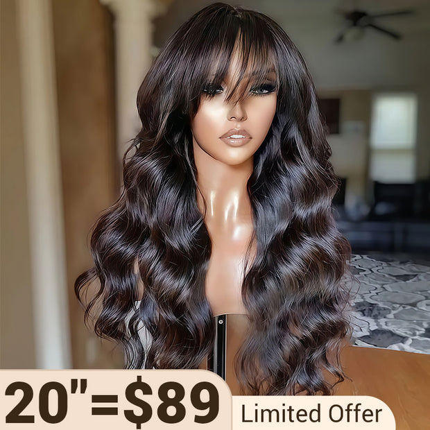 $89 for 20" Throw on & Go Body Wave Wig with Bangs Cost-effective Wig 10A Human Hair