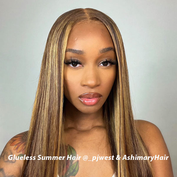 Wear & Go Wig Highlight Piano Color Straight Glueless 5x5 HD 4x4 Transparent Lace Closure Wig Ashimary Hair