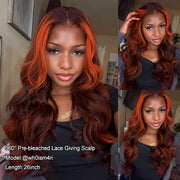 Salon Layer Cut Ginger Highlights On Brown Hair 360 Lace Frontal Invisi Strap Skin Lace InvisiDrawstring Snug Fit Body Wave Human Hair Wig