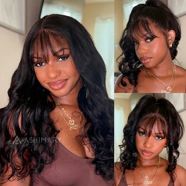 Layer Cut Body Wave With Bang 360 Invisi Strap Lace Frontal Wig 