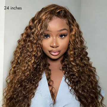 Ombre Brown Curly Lace Front Wig Glueless Pre Cut Middle Parted Highlight Angelina - Malaysian Human Hair Ombre Brown Wavy Lace Front  main image 2