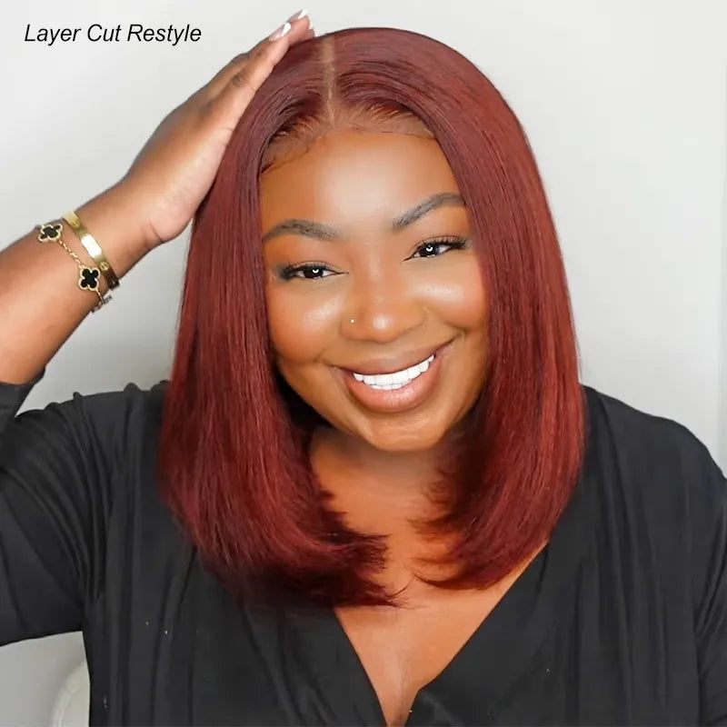 Reddish Brown Yaki Straight Pull Go 4x4 Lace Closure Bob Wig  display picture 3