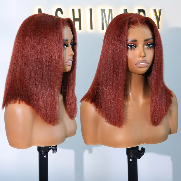 Reddish Brown Yaki Straight Pull Go 4x4 Lace Closure Bob Wig Double Drawn Silk Press Natural Look 100% Human Hair