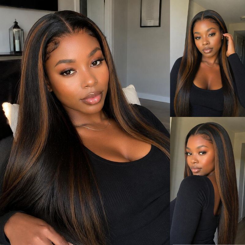 StayLock Straight Wig 7x5 Lace Brown Mix Ginger Highlight Glueless Snug ...