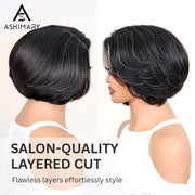 Yaki Straight Layered Wig 6x4.5 Lace Closure Short Pixie Cut Wig for Black Women Silk Press Human Hair Bob Wig