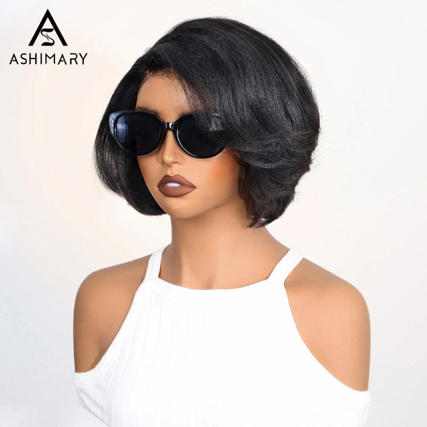 Yaki Straight Layered cut Wig 6x4.5 Lace Closure Short Pixie Cut Wig 2