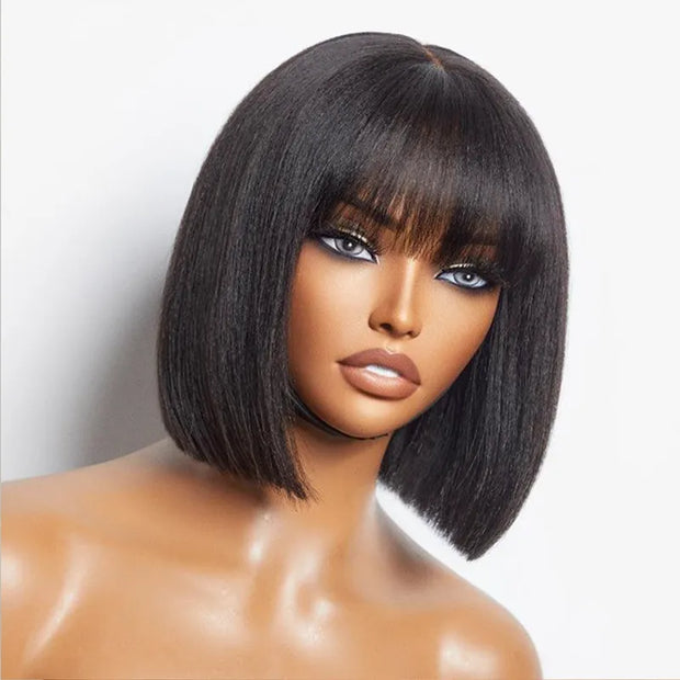 Flash Sale Realistic Look Pull Go Glueless Bob Wig With Bangs Human Hair Wig