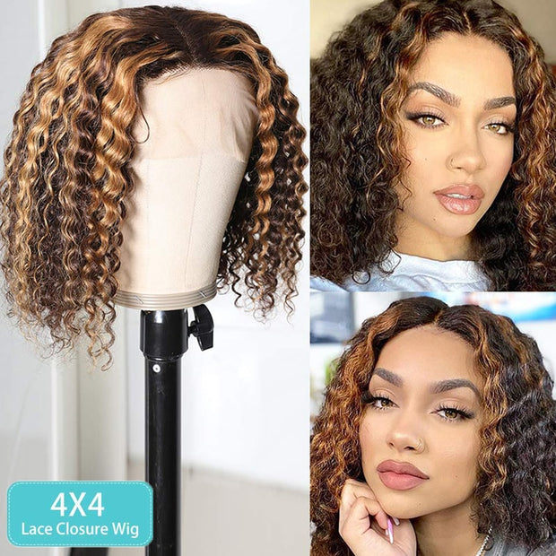 Mix Color Brown Curly Bob Wig 13x4 Frontal 4x4 Lace Closure Wig Highlight Hair