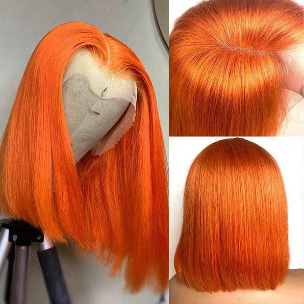 BOGO Orange Ginger Bob Transparent Lace Front/Closure Wig Human Hair 180%