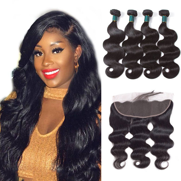 9A Brazilian Body Wave Hair 4 Bundles With Lace Frontal Human Hair - ashimaryhair