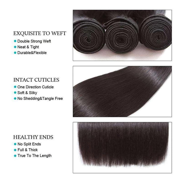 9A Straight Soft Brazilian Virgin Hair 3 Bundles with Closure Natural Color - ashimaryhair