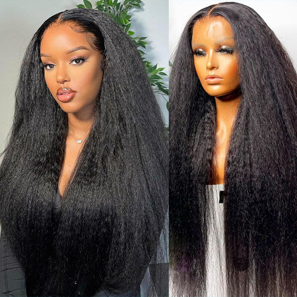 13x6 Full Transparent Lace Kinky Straight Wig Natural Black Color