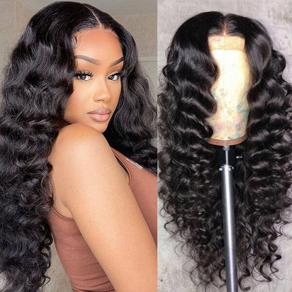 13x6 Full Transparent Lace Loose Deep Wave Wig Natural Black Color