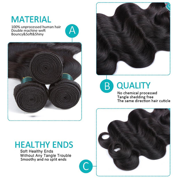 9A Body Wave Virgin Hair 3 Bundles with Closure Natural Color Malaysian Hair - ashimaryhair