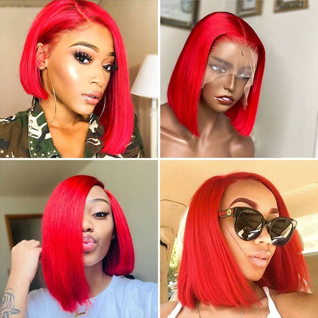 BOGO Red Color Transparent Lace Front/Closure Bob Wig 180% Short Hair