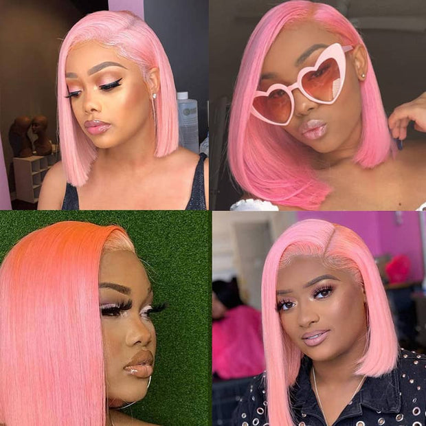 BOGO Light Pink Colored Short Bob Transparent Lace Front Human Hair Wig