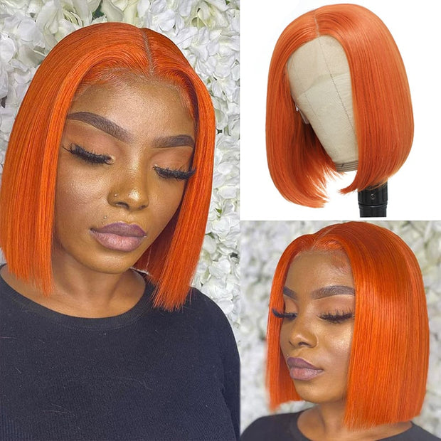 BOGO Orange Ginger Bob Transparent Lace Front/Closure Wig Human Hair 180%