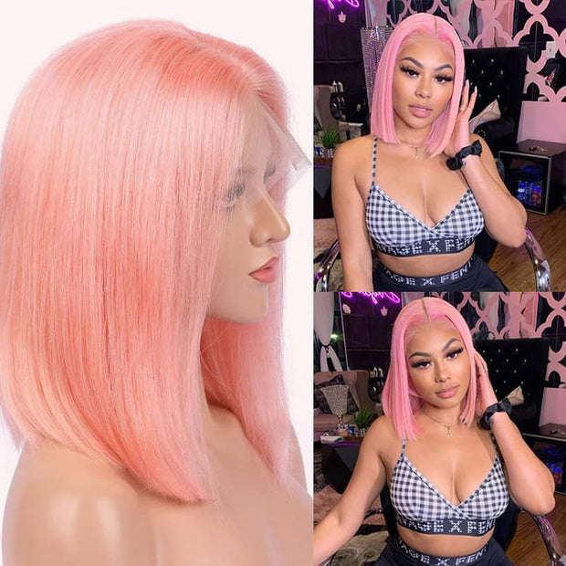 BOGO Light Pink Colored Short Bob Transparent Lace Front Human Hair Wig