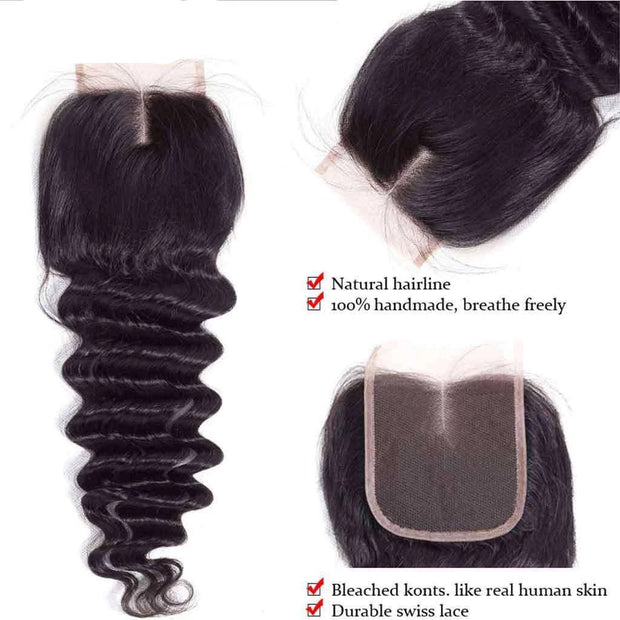 9A Loose Deep Wave Virgin Hair 3 Bundles with Closure Natural Color Brazilian Hair - ashimaryhair