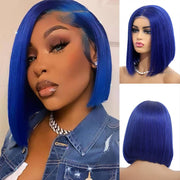 BOGO Short Bob Wig Blue Color Straight Brazilian Human Hair Transparent Lace Wig