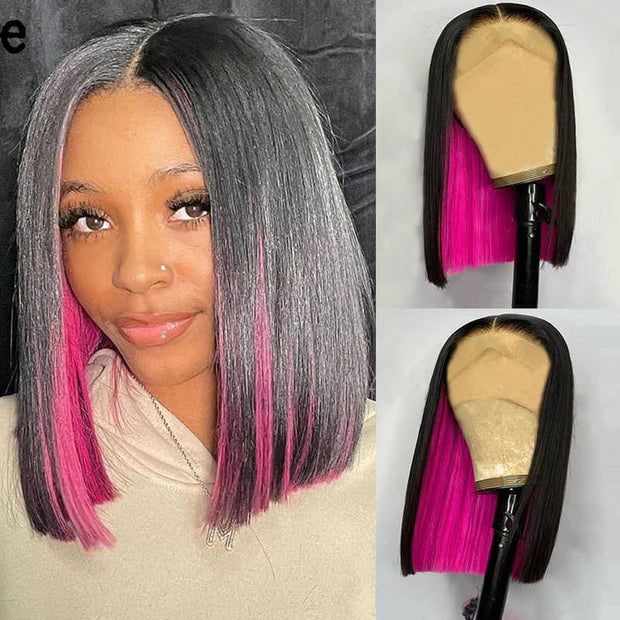 Bob Short Hair Peekboo Highlight Pink Wig Silk 180% Transprant Lace Front Wig