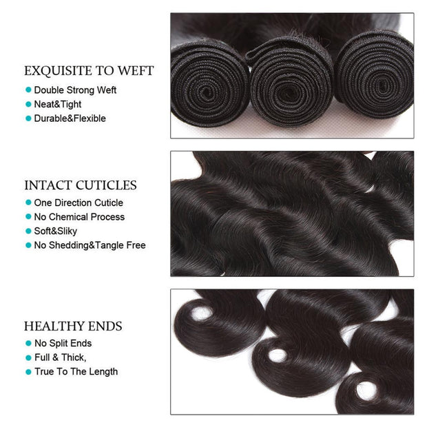 9A Body Wave Virgin Hair 3 Bundles with Closure Natural Color Brazilian Hair - ashimaryhair