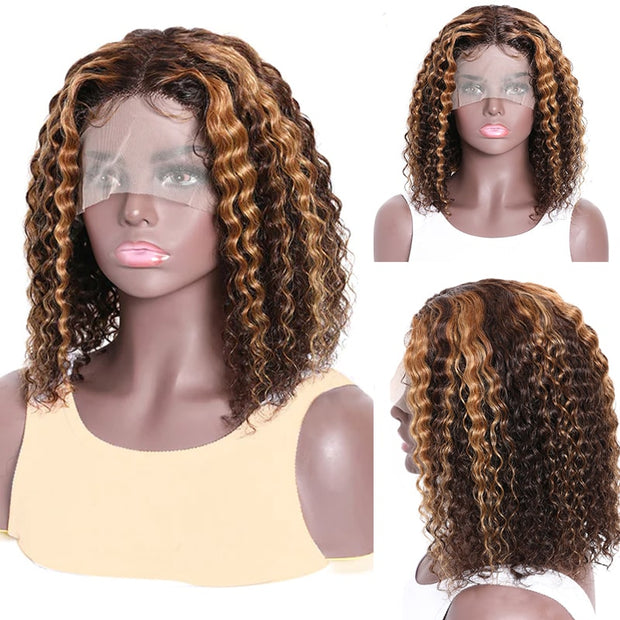 Mix Color Brown Curly Bob Wig 13x4 Frontal 4x4 Lace Closure Wig Highlight Hair
