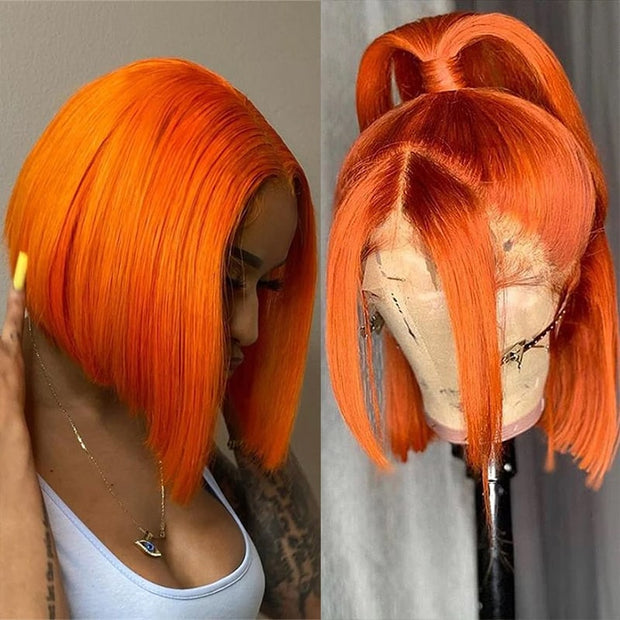 BOGO Orange Ginger Bob Transparent Lace Front/Closure Wig Human Hair 180%