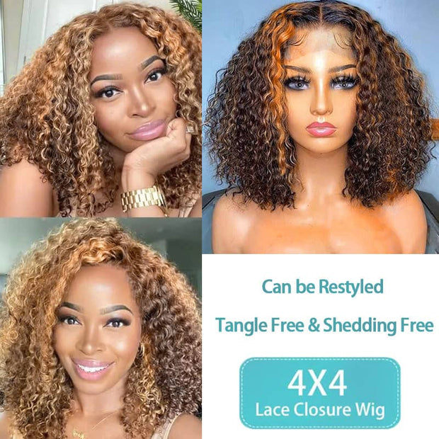 Fabulous Highlight Jerry Curly Short Bob 13*4 Transparent lace Wig