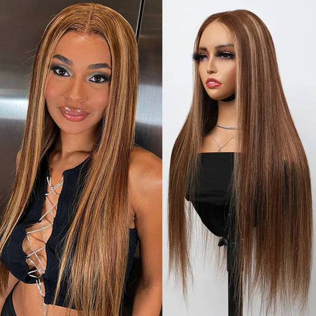 Wear & Go Wig Highlight Piano Color Straight Glueless 5x5 HD 4x4 Transparent Lace Closure Wig Ashimary Hair