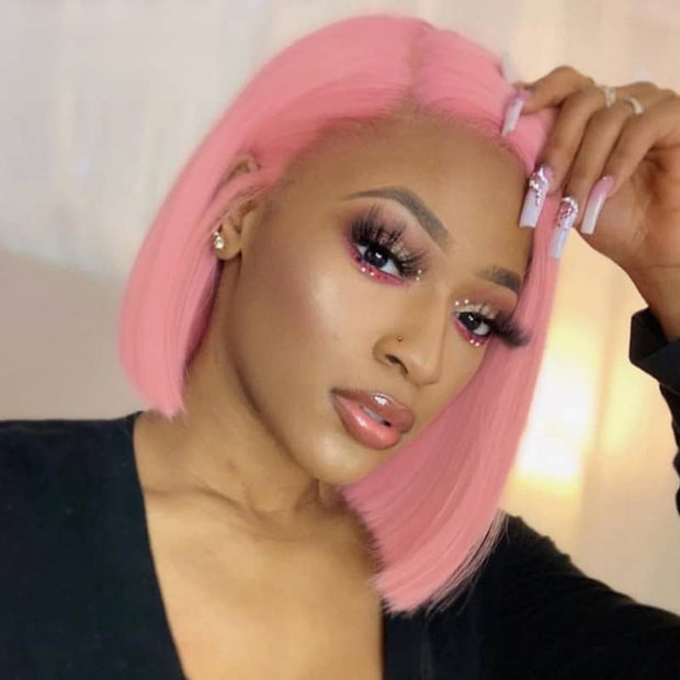 BOGO Light Pink Colored Short Bob Transparent Lace Front Human Hair Wig