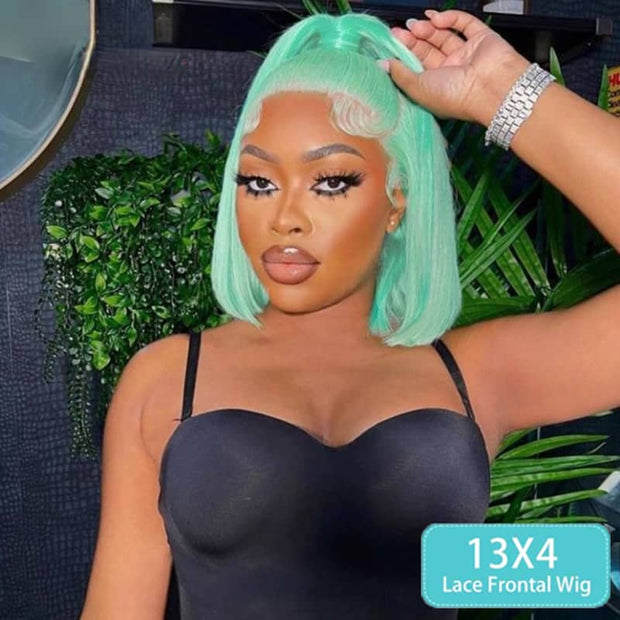 BOGO Green Summer Bob Short Hair Colorful  Human Hair Transparent Lace