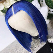 BOGO Short Bob Wig Blue Color Straight Brazilian Human Hair Transparent Lace Wig