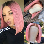 Ombre 1B/Pink Bob Short Hair Transparent Lace Wig 180% Human Hair