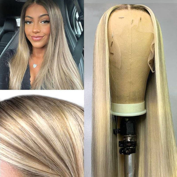 Customized Blonde Balayage on Brown Hair Transparent 13x4 Lace Frontal Wig Ashimary Hair