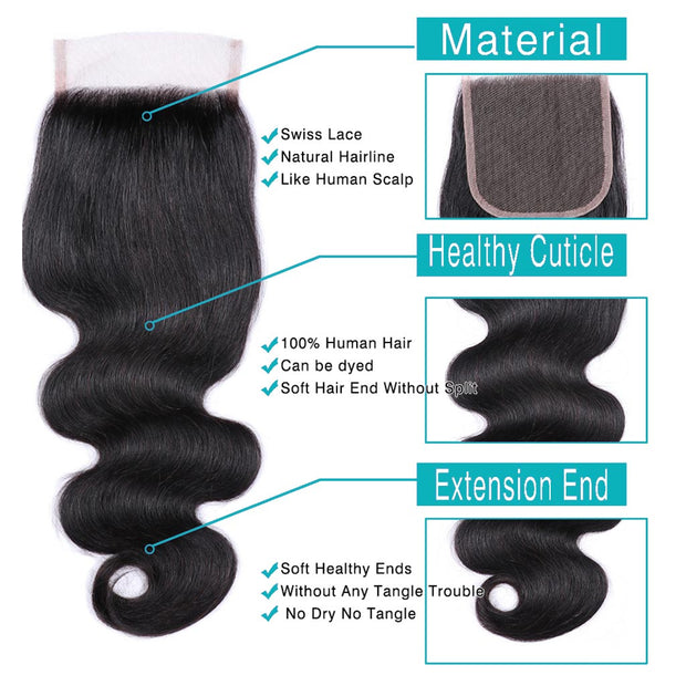 Ashimary Body Wave Hair 4x4Inchs Lace Closure Natural Color 100% Human Hair - ashimaryhair