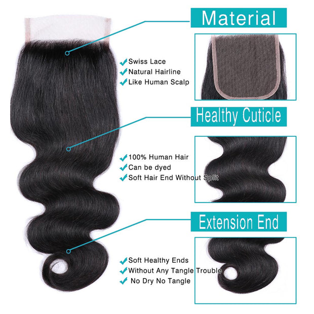 9A Body Wave Virgin Hair 3 Bundles with Closure Natural Color Brazilian Hair - ashimaryhair