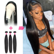 Lace Front Wig Cap with Hair Bundles 10A Top Grade Straight Virgin Hair