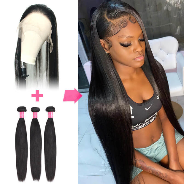 Lace Front Wig Cap with Hair Bundles 10A Top Grade Straight Virgin Hair